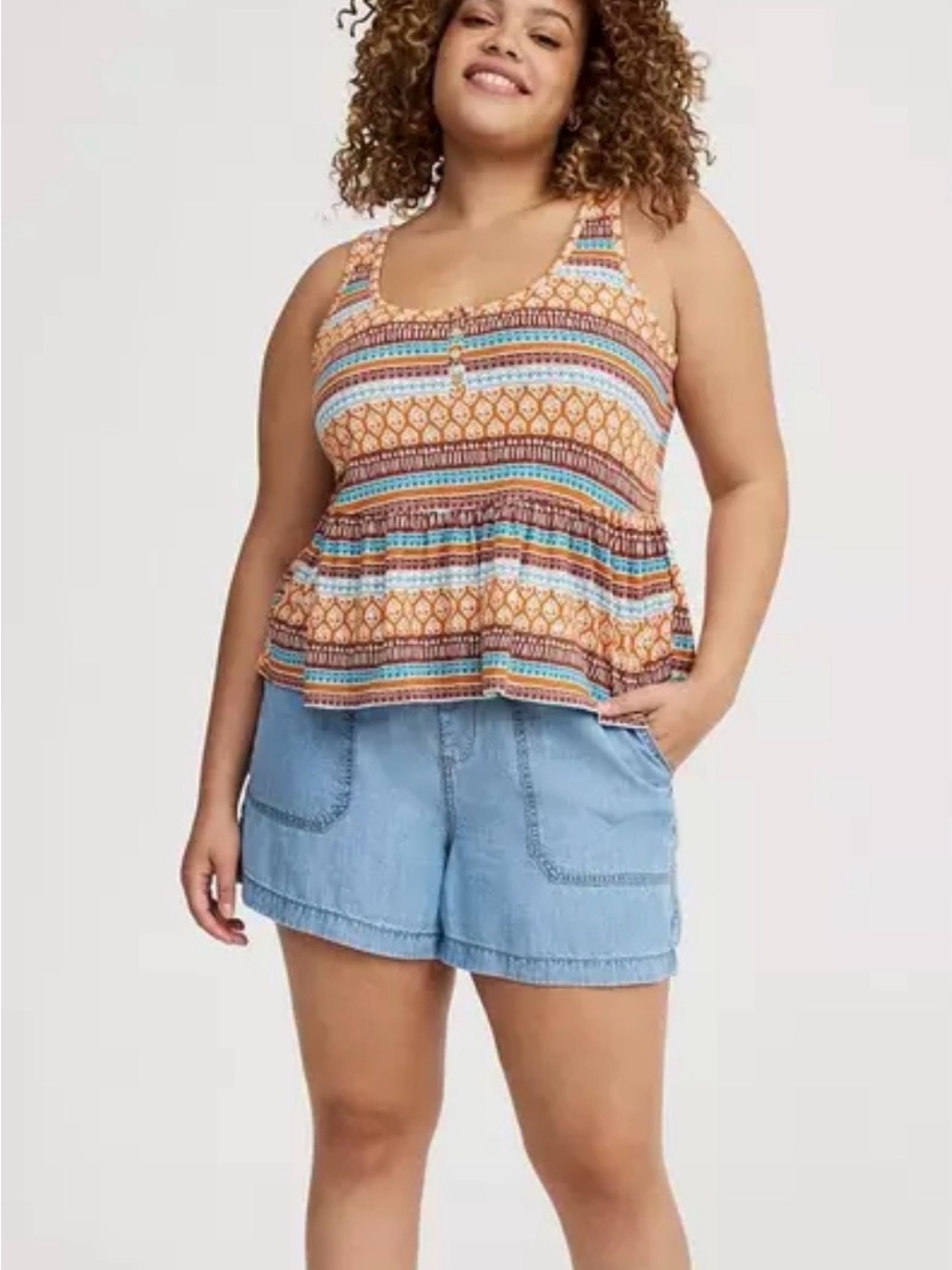 torrid Multicolor Geo Stripe Peplum Tank - Tan, Blue, Orange